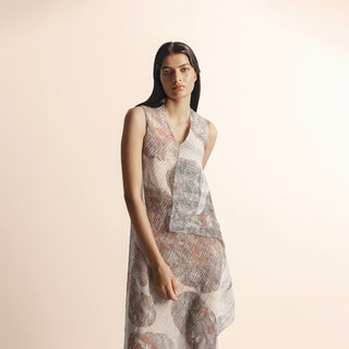 omen's sleeveless Nadru printed draped dress with heat texture and soft V-neck – lightweight artistic tunic, V-neck dress