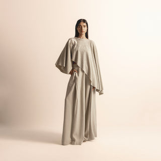 Nadru knit draped top with chiffon quilted flared pants – textured fusion wear