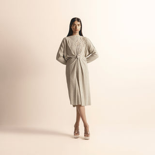 Nadru knit draped tunic with yarn motifs – textured handcrafted tunic dress