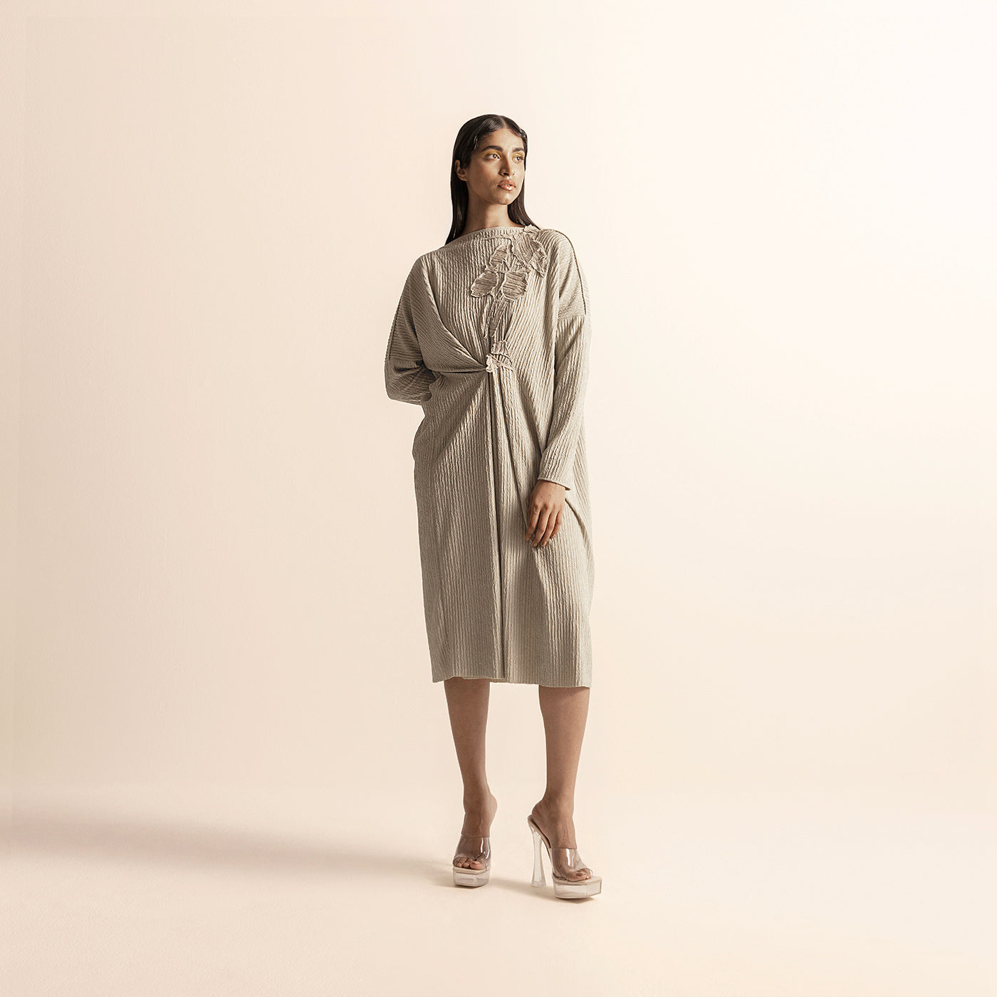 Women's beige knit tunic with yarn motifs– minimal handcrafted silhouette, nit midi tunic, gathered drape, yarn applique, handcrafted knitwear, minimalist fashion