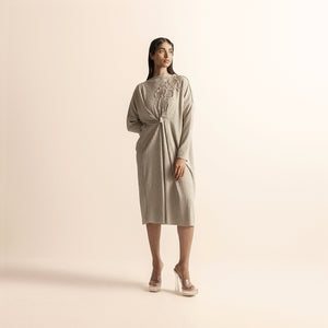 Women's beige knit tunic with yarn motifs– minimal handcrafted silhouette, nit midi tunic, gathered drape, yarn applique, handcrafted knitwear, minimalist fashion