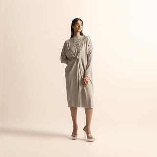Women's beige knit tunic with yarn motifs– minimal handcrafted silhouette, nit midi tunic, gathered drape, yarn applique, handcrafted knitwear, minimalist fashion