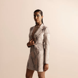 Front view of Nadru printed blazer dress with structured tailoring – printed blazer dress, Nadru print, tailored dress