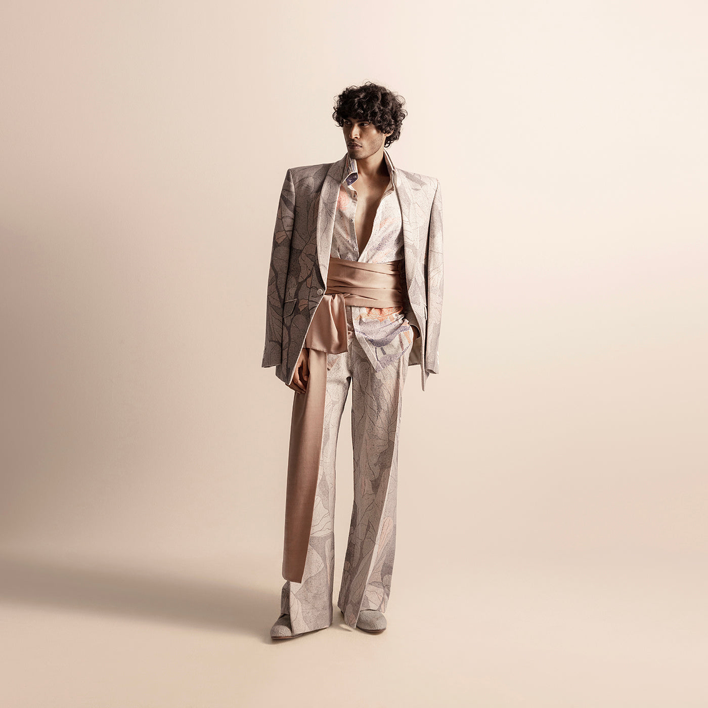 Nadru printed men's suit with wide-leg pants and silk sash belt – runway-inspired look,  silk sash belt, artistic menswear, runway fashion