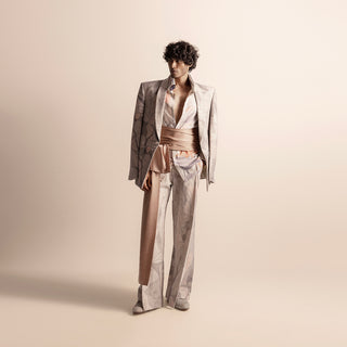Nadru printed men's suit with wide-leg pants and silk sash belt – runway-inspired look,  silk sash belt, artistic menswear, runway fashion