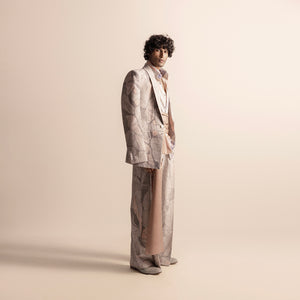 Side view of Nadru printed men's suit with soft sash and structured blazer - structured blazer, fashion sash, artistic suit