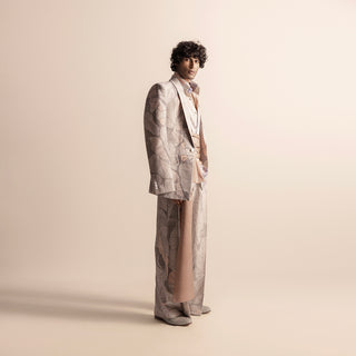 Side view of Nadru printed men's suit with soft sash and structured blazer - structured blazer, fashion sash, artistic suit