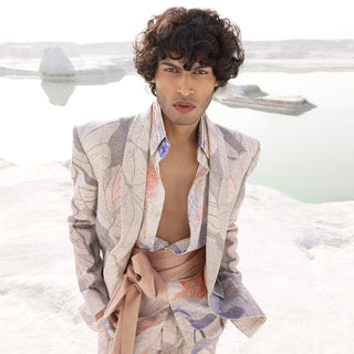 Nadru printed suit with layered shirt and statement sash – expressive men's, artistic menswear, fashion-forward suit