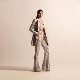 profile view of Nadru printed pant suit with jacket and flared pants –  printed jacket, flared pants, bold fashion, designer pant suit