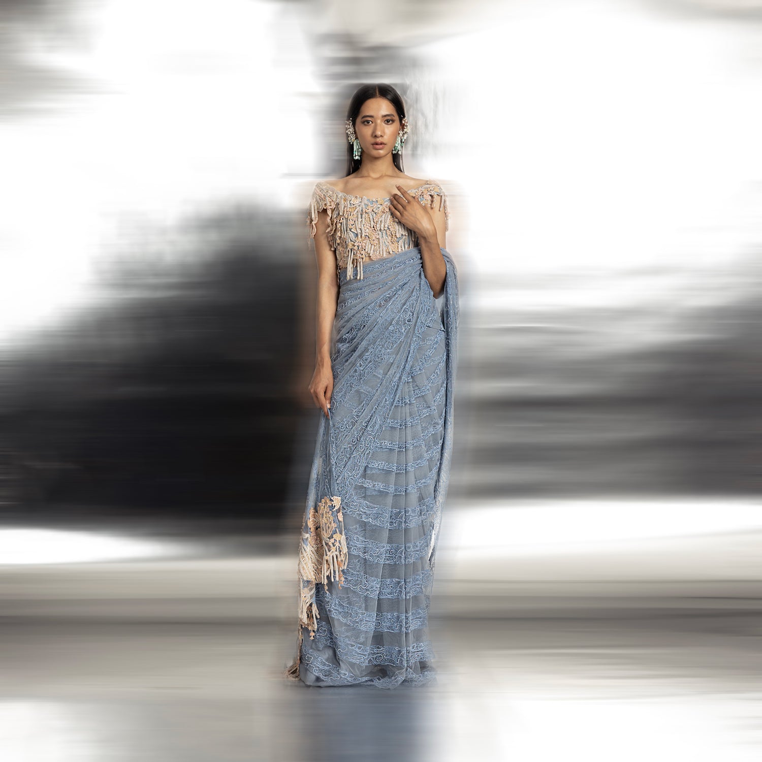 Net saree embellished with fine resham and bead work in linear design – elegant traditional designer saree, pre pleated draped saree