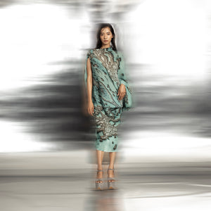 Overlap shoulder reef printed draped dress – asymmetrical printed fashionwear