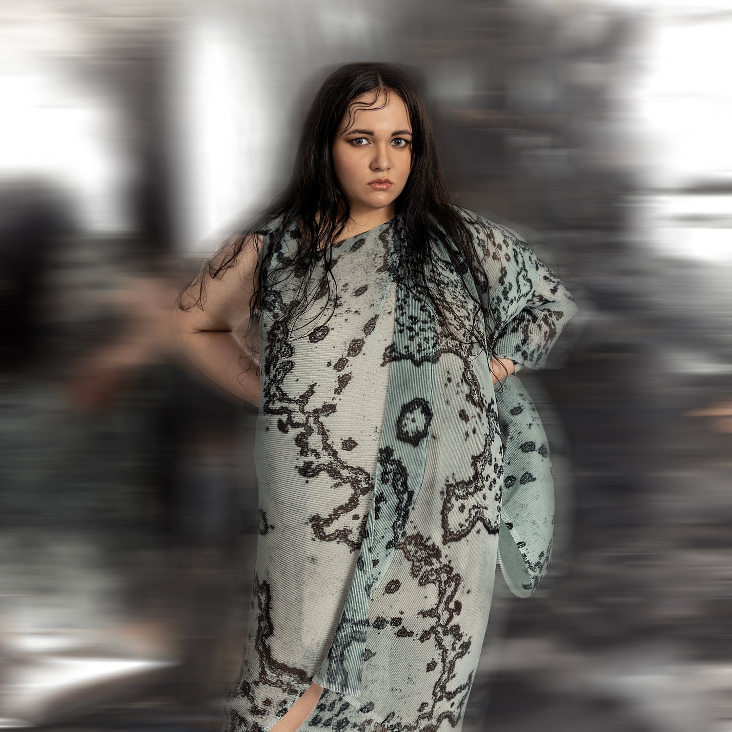 upperbody view of Overlap shoulder reef printed draped dress – ocean-inspired asymmetrical designer dress