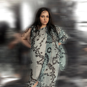 upperbody view of Overlap shoulder reef printed draped dress – ocean-inspired asymmetrical designer dress
