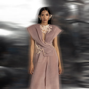 upperbody view of Women's pleated blush organza top with sculpted shoulder and embroidered neckline – couture jumpsuit set