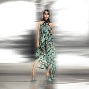 Printed and textured halter neck draped dress with 3D motif embellished collar – luxury detail-rich gown