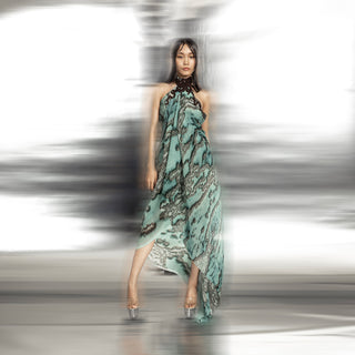 Printed and textured halter neck draped dress with 3D motif embellished collar – luxury detail-rich gown