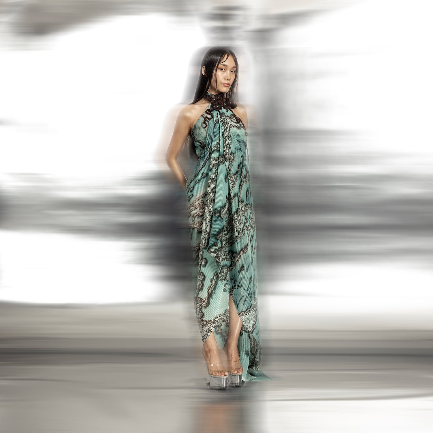 Women's reef printed halter neck gown with asymmetric drape and embellished collar – luxe couture silhouette with sculptural fluidity