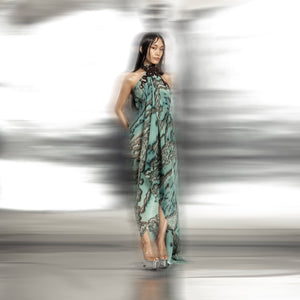 Women's reef printed halter neck gown with asymmetric drape and embellished collar – luxe couture silhouette with sculptural fluidity