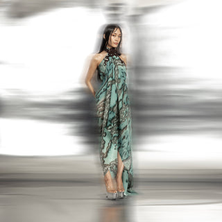 Women's reef printed halter neck gown with asymmetric drape and embellished collar – luxe couture silhouette with sculptural fluidity