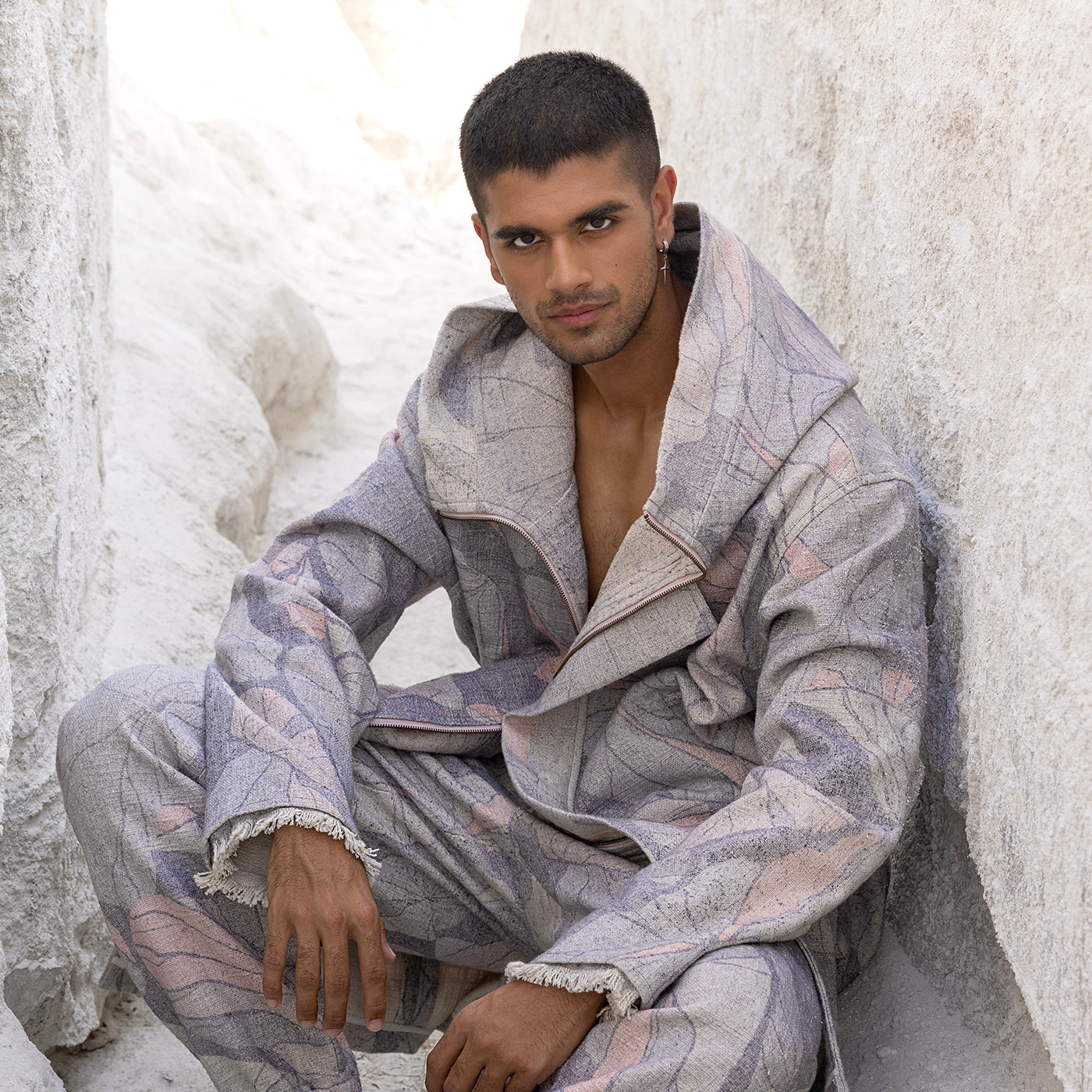 printed coord set with oversized hooded jacket and raw edge details - hooded jacket, printed coord set, men's streetwear, oversized fit