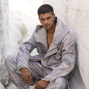 printed coord set with oversized hooded jacket and raw edge details - hooded jacket, printed coord set, men's streetwear, oversized fit