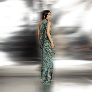 full body back view of Women's coral-inspired one-shoulder reef gown with flowing back drape and slit – asymmetrical silhouette, luxury sculpted fabric