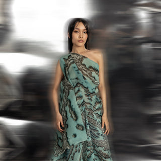 Women's reef printed one-off-shoulder draped gown with asymmetrical coral textures – sculptural luxury fashion silhouette, reef draped gown