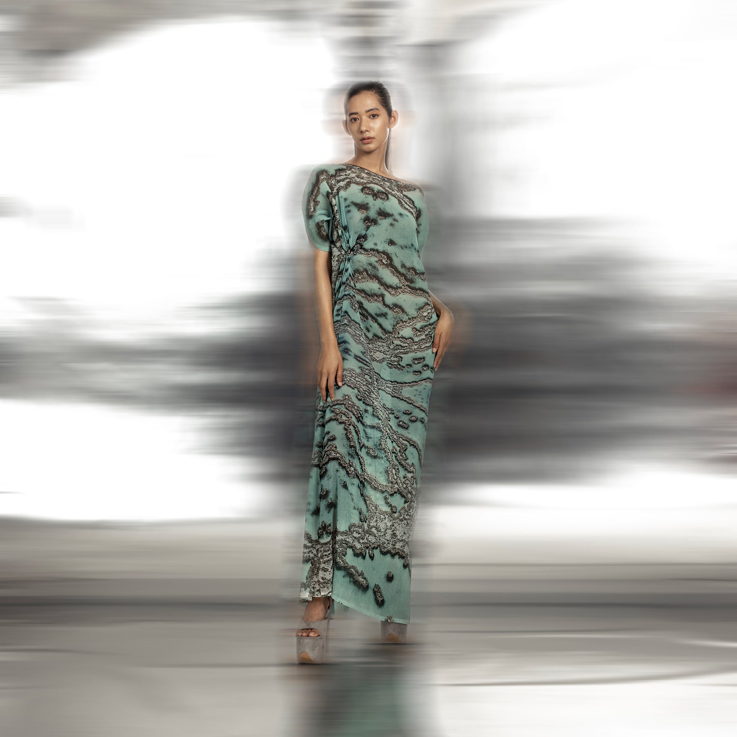 Reef printed and pleated textured drop shoulder asymmetrical draped dress – flowy and artsy silhouette