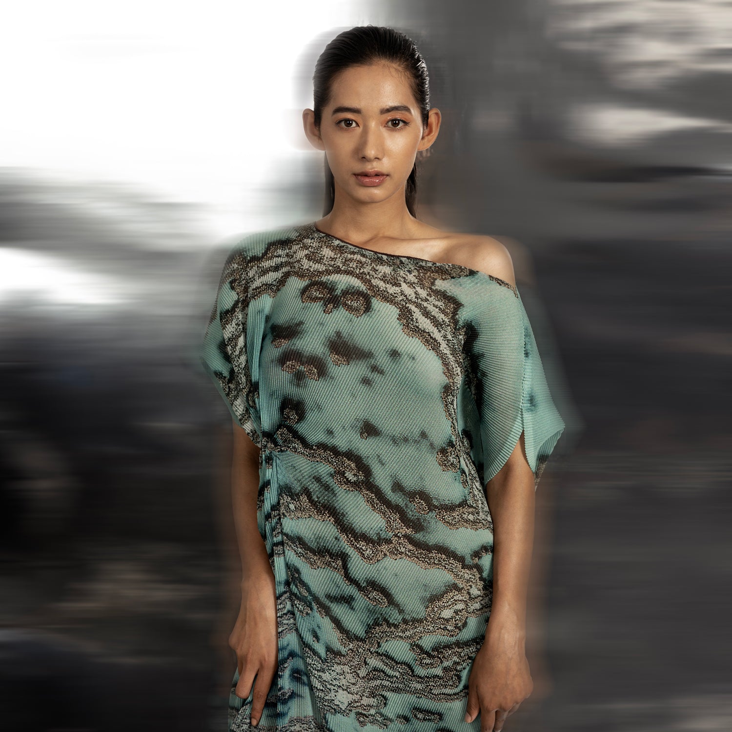 Women's reef printed drop-shoulder gown with pleated texture and sculpted asymmetrical neckline – flowy artsy eveningwear