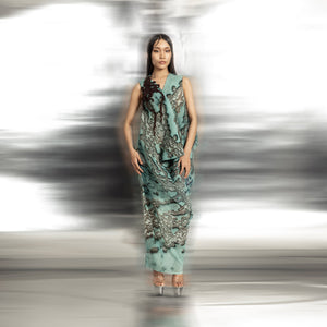 Reef printed and textured draped V-neck dress – flattering silhouette with reef motifs