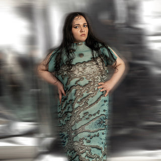 Reef printed and textured raised neck draped long dress – coral print evening wear