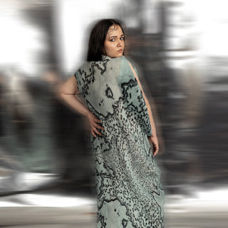 back close-up view of Women's seafoam reef print high neck gown with abstract marine texture – elevated oceanic couture piece