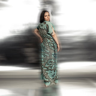 back view of Women's reef-inspired textured gown with drop sleeves and back pleats – oceanic pattern formal dress