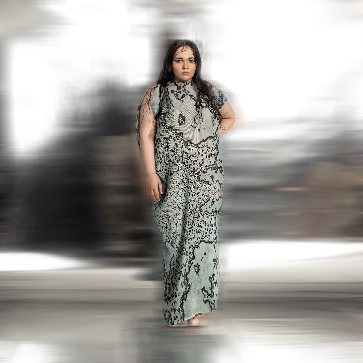 front view of Women's seafoam reef textured high neck gown with drop sleeves – sculptural coral print evening dress