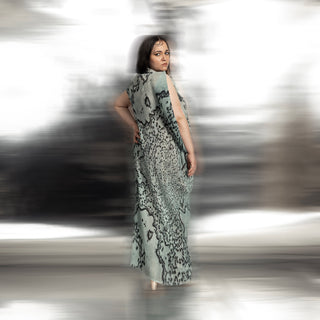 full back view of Women's coral reef textured gown with slit sleeve – luxe eveningwear in oceanic tones