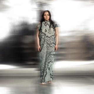 full front view of Women's coral reef print high neck gown with sculpted silhouette – ocean-inspired luxury eveningwear