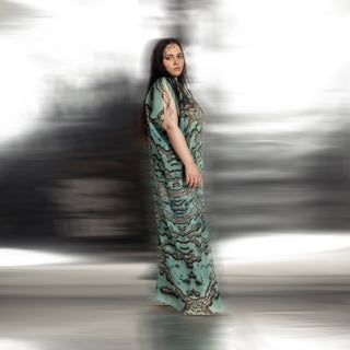 side view of Women's coral reef print gown with drop sleeves and side pleats – sea-inspired long evening dress