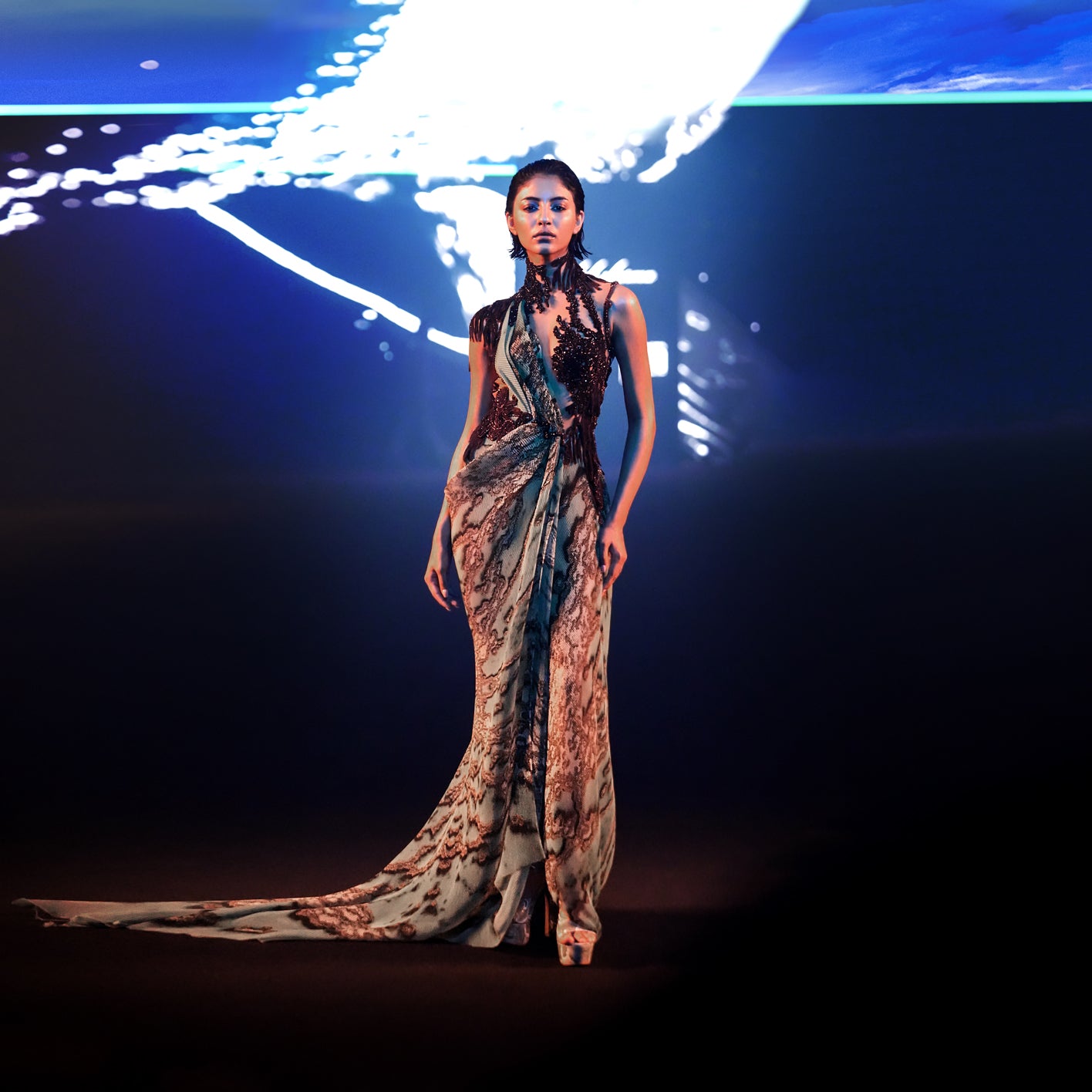 Reef Printed Textured Asymmetrical Draped Dress – Abhishek Sharma