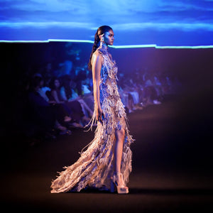 Women's reef turtle neck backless gown with cascading fringe embroidery and sheer paneling – ocean-inspired couture for red carpet