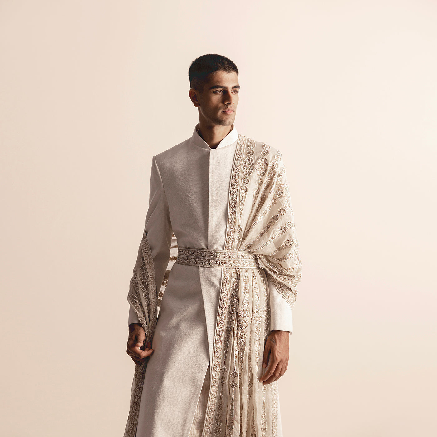 Royal heritage sherwani with embroidered stole and kamarbandh – groom’s designer outfit