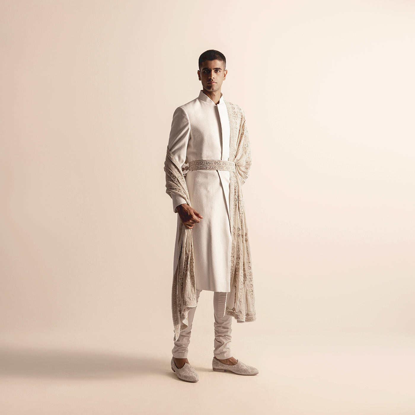 Men's royal ivory sherwani with heritage embroidery, sheer stole, and embroidered kamarbandh set- embroidered stole, kamarbandh, groom's outfit, royal Indian menswear