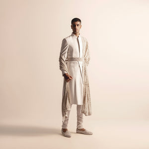 Men's royal ivory sherwani with heritage embroidery, sheer stole, and embroidered kamarbandh set- embroidered stole, kamarbandh, groom's outfit, royal Indian menswear