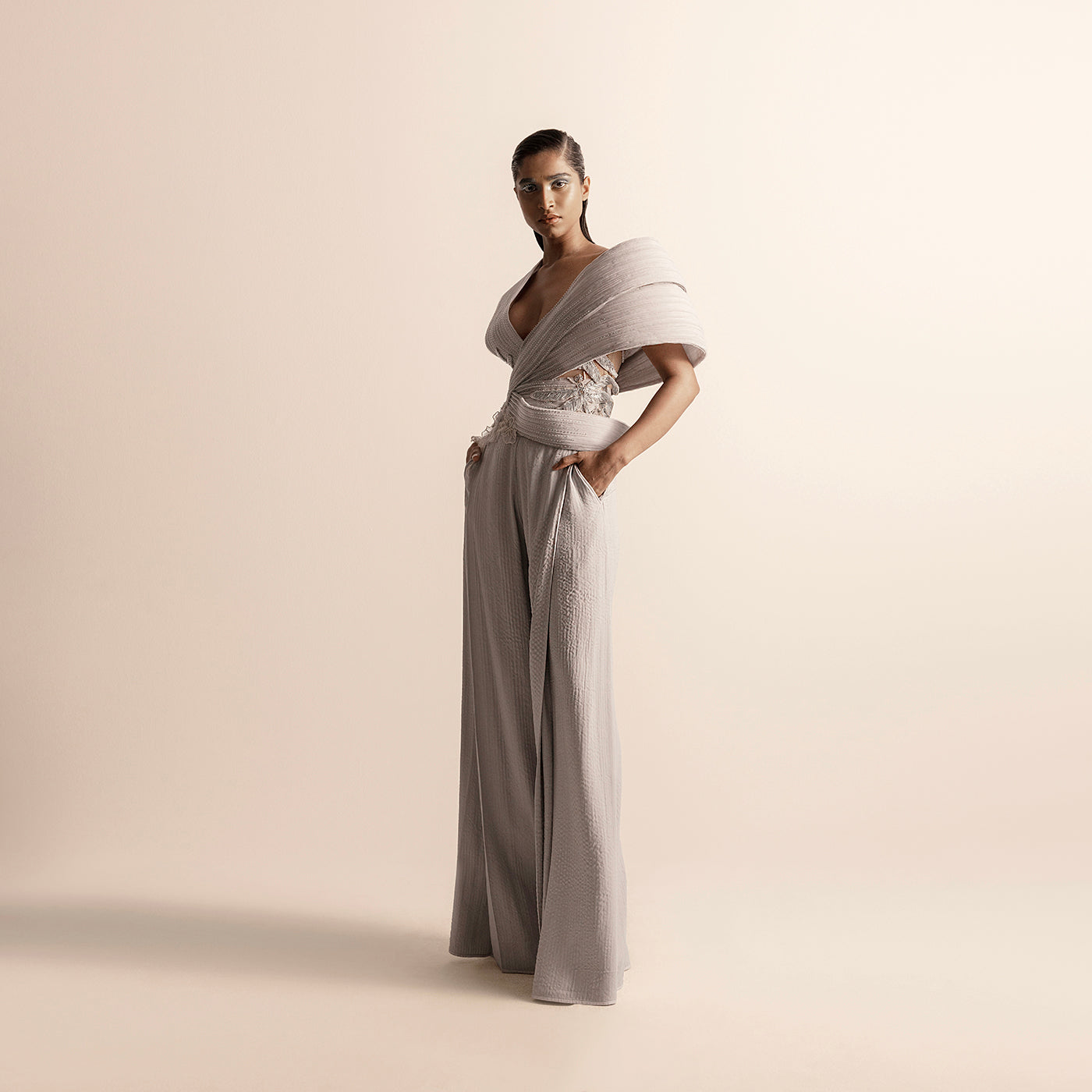 Sculpted asymmetrical top and quilted chiffon trousers – futuristic couture set