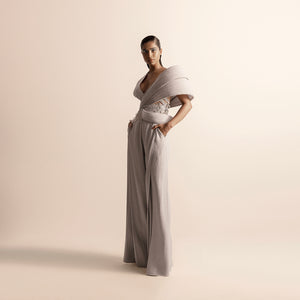 Sculpted asymmetrical top and quilted chiffon trousers – futuristic couture set