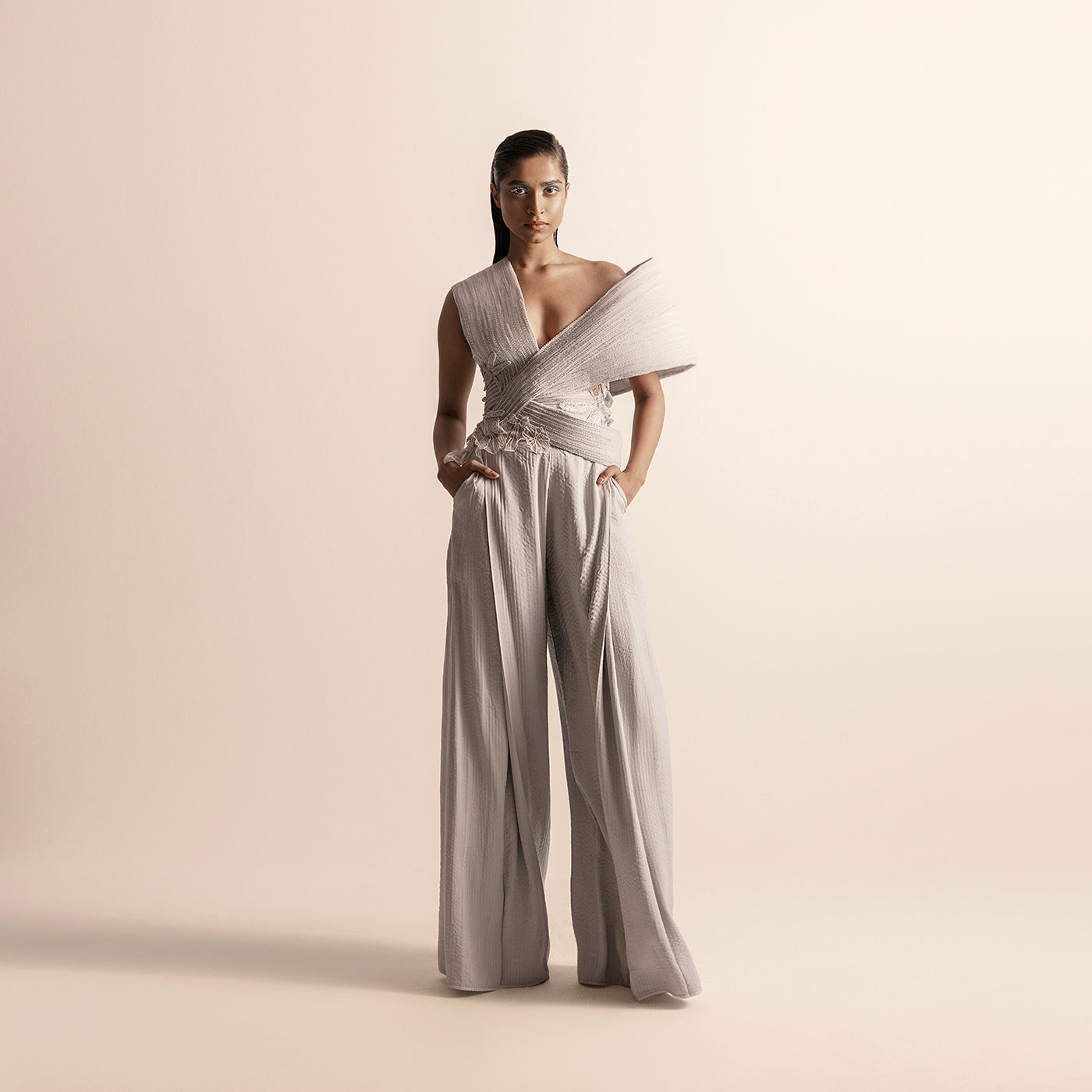 Women's asymmetrical sculpted wrap top with quilted chiffon wide-leg trousers – avant-garde fusion set, quilted chiffon, wide-leg trousers, asymmetrical silhouette, couture fashion