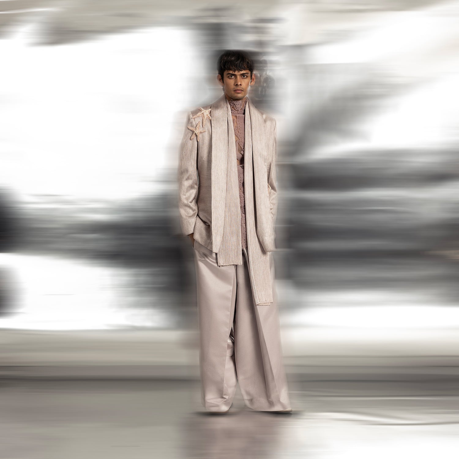 Shallow water extended shawl collar jacket – fluid coastal-themed formal outerwear, cocktail suit