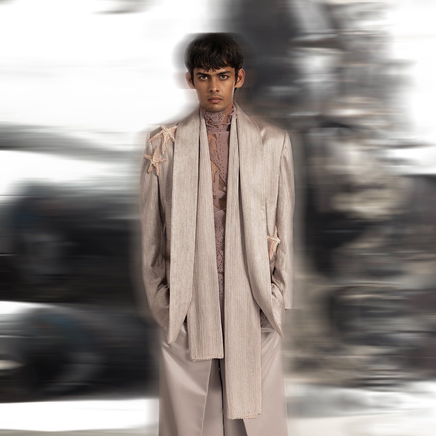 front view of Shallow water extended shawl collar jacket with starfish embroidery – fluid cocktail suit with coastal-inspired detailing