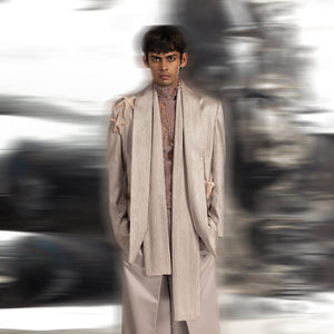 front view of Shallow water extended shawl collar jacket with starfish embroidery – fluid cocktail suit with coastal-inspired detailing