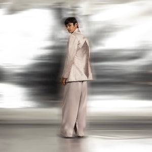 full back view of Shallow water cocktail jacket with triangular back panel and soft tailoring – fluid formalwear with relaxed wide-leg pants