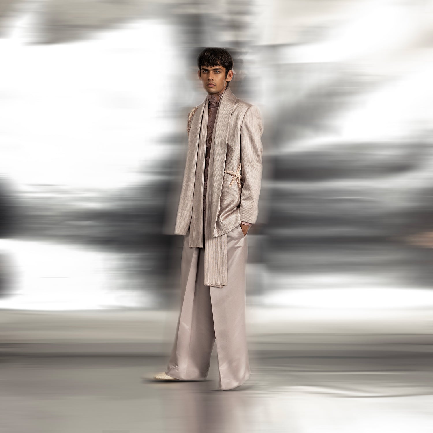 full length of Shallow water shawl collar jacket with fluid silhouette and starfish accents – breezy coastal cocktail suit with relaxed trousers